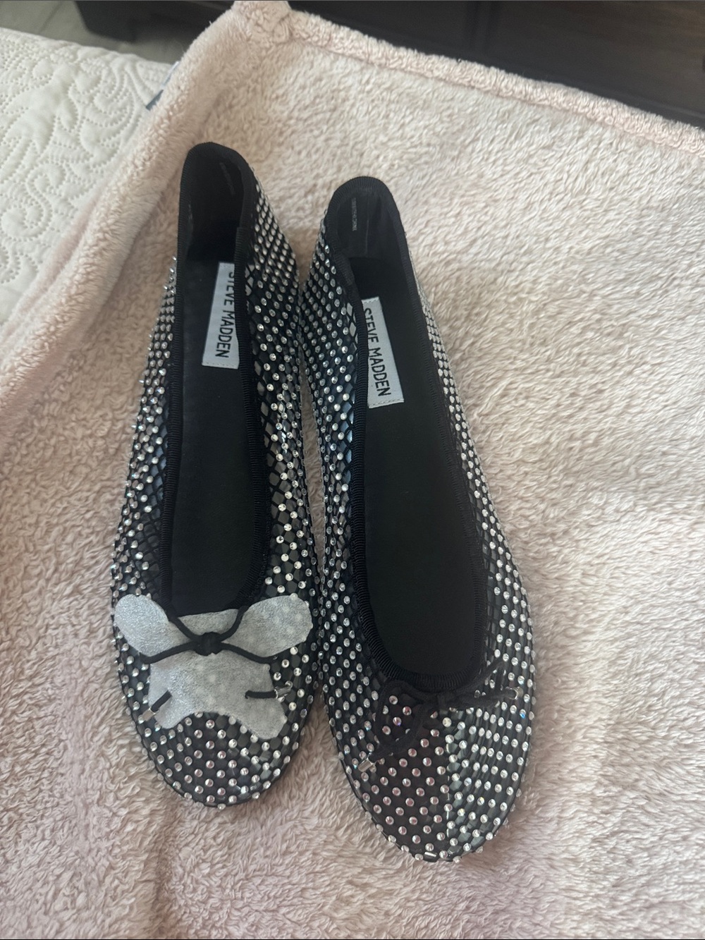 Steve Madden Black Crystal-Studded Ballet Flats with Silver Bow Accent